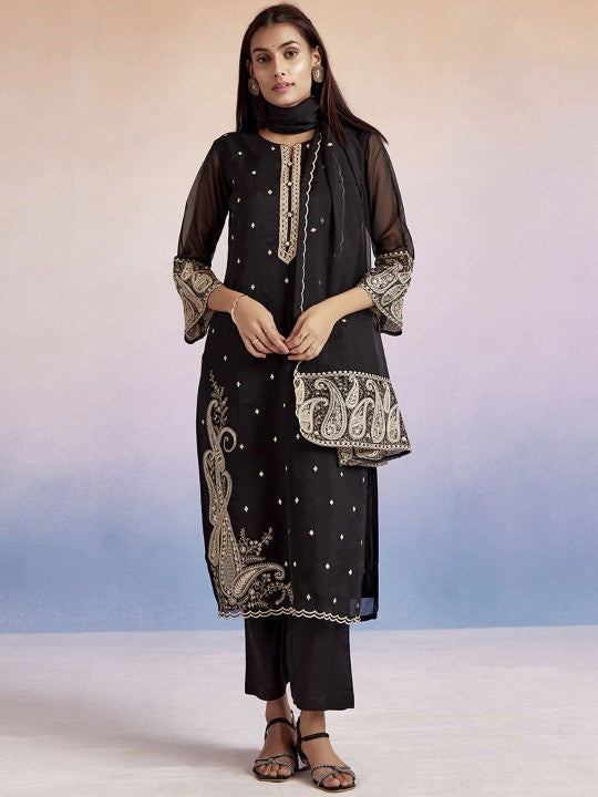 Jaipur Kurti Paisley Embroidered Round Neck Straight Kurta With Palazzos & Dupatta