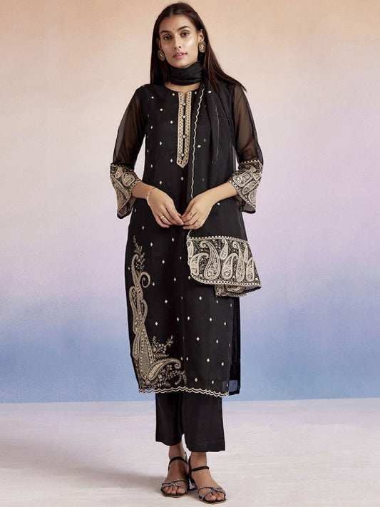 Jaipur Kurti Paisley Embroidered Round Neck Straight Kurta With Palazzos & Dupatta