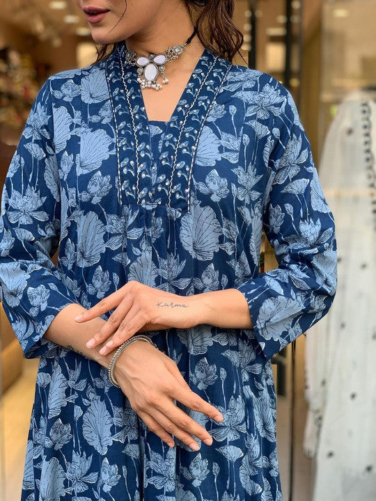 Floral Printed V-Neck Pure Cotton A-Line Kurta With Palazzos And Dupatta