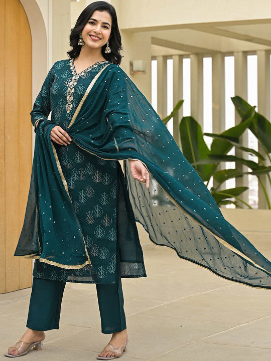 Floral Printed Thread Work V-Neck Kurta with Trousers & Dupatta