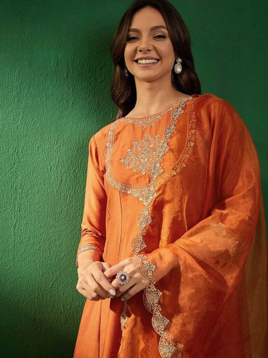 Trendmalls Floral Embroidered Panelled Sequinned A-Line Kurta