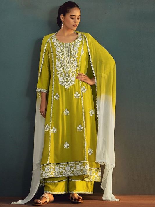 Anouk Floral Embroidered Round Neck Thread Work A-Line Kurta & Palazzos With Dupatta