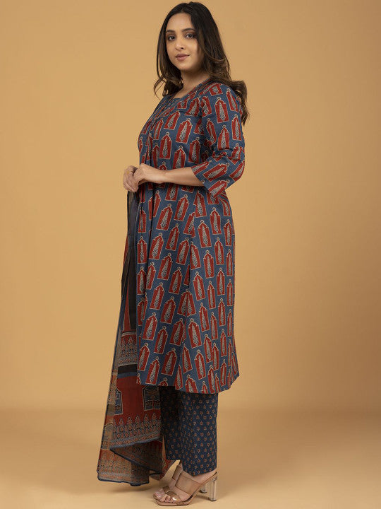SPARSA Ethnic Motifs Printed Pleated Pure Cotton A-Line Kurta With Trousers & Dupatta