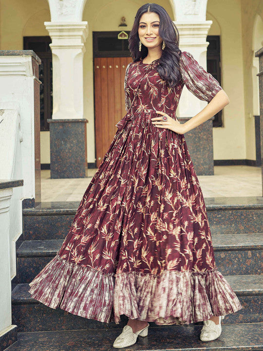 CHANSI Floral Printed Pleated Flared Maxi Dress