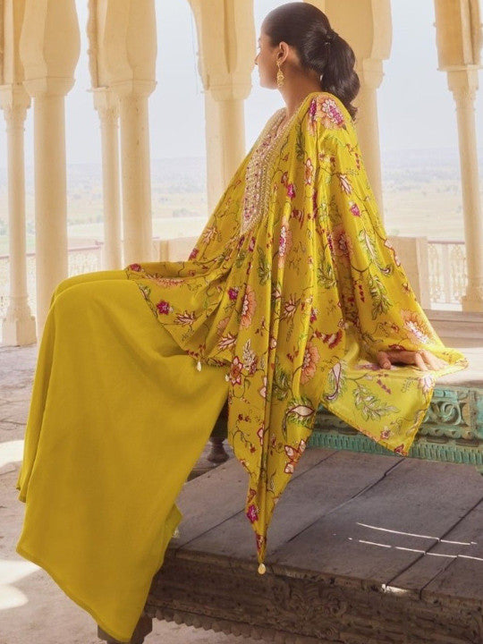 AUTUMN LANE Floral Printed Sequinned Pure Cotton Kaftan Kurta With Palazzo