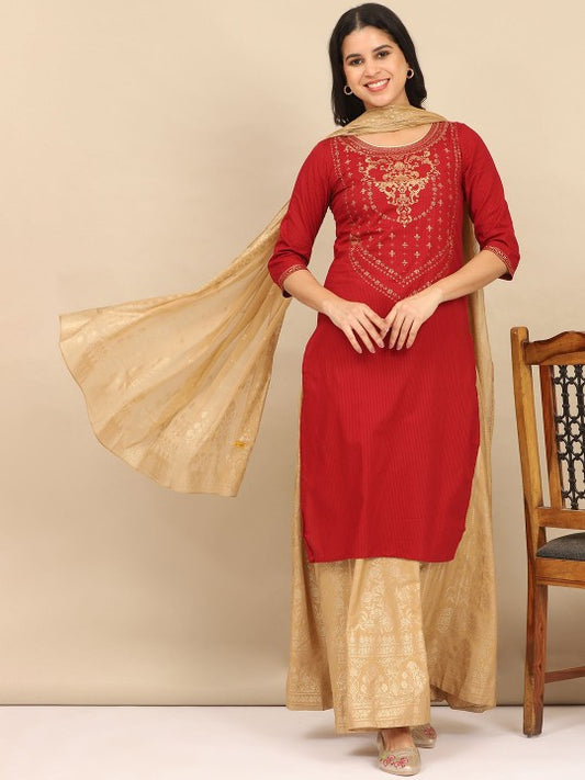 AURELIA Women Floral Printed Regular Pure Cotton Kurta with Skirt & With Dupatta