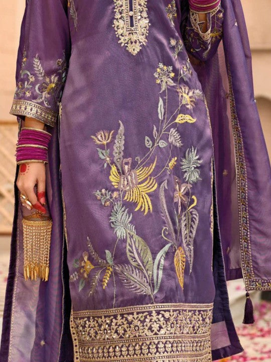 Bel a Vous Floral Printed Thread Work Organza Straight Kurta