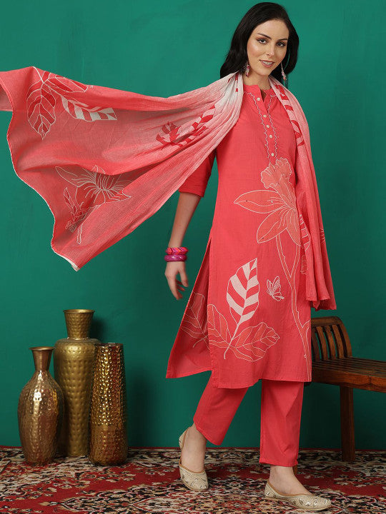 Printed Pure Cotton Straight Kurta With Trouser & Dupatta