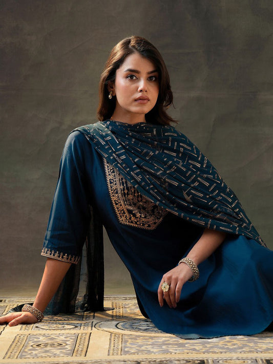 Gerua By Libas Floral Yoke Design Sequinned Straight Kurta With Trousers & Dupatta