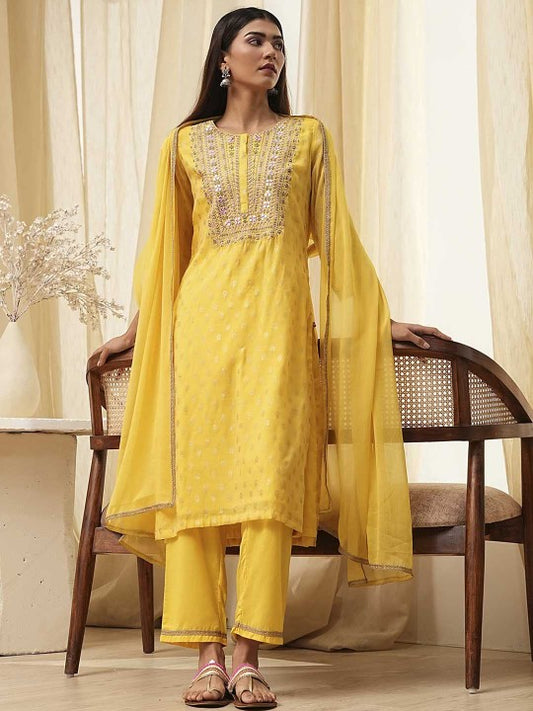 Biba Women Floral Embroidered Regular Beads and Stones Kurta