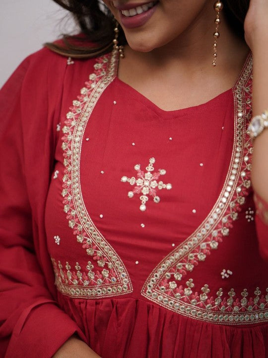 ASCIIBLUES Women Ethnic Motifs Embroidered Cotton Kurta with Trousers & Dupatta