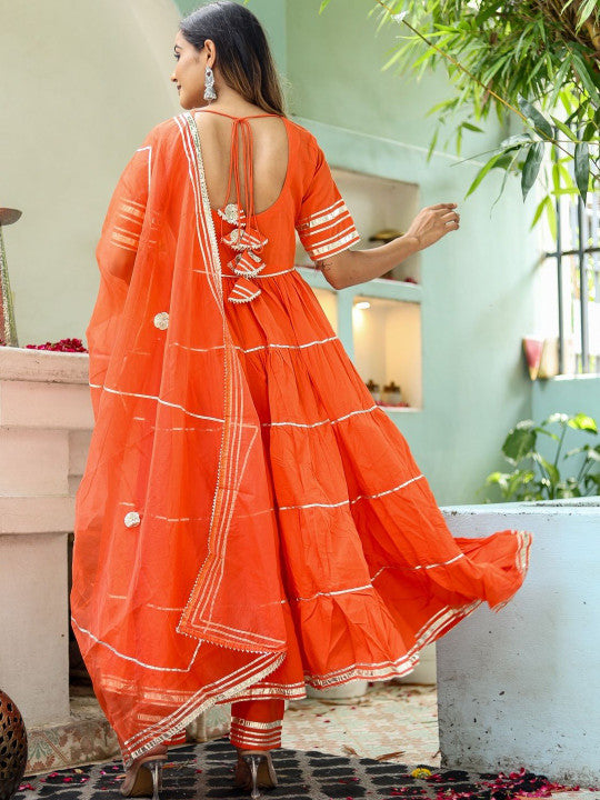 Angkor Women Tiered Gotta Patti Pure Cotton Kurta with Trousers & With Dupatta