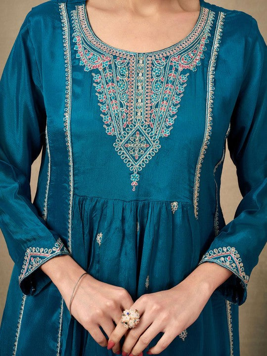 Teal Thread Embroidered Viscose Chinon A-Line Salwar Suit