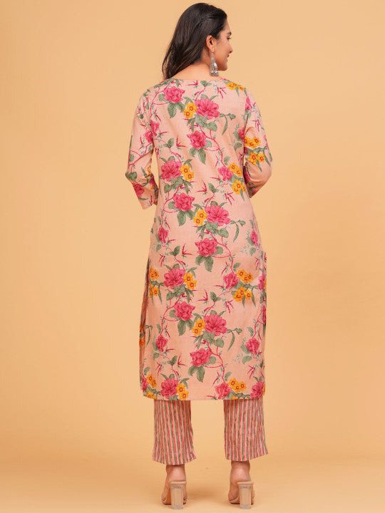 TANISHA Floral Printed Tie-Up Neck Straight Kurta With Trousers And Dupatta