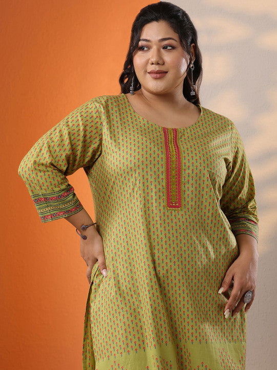EXTRA LOVE BY LIBAS Floral Printed Round Neck Straight Kurta With Trousers & Dupatta