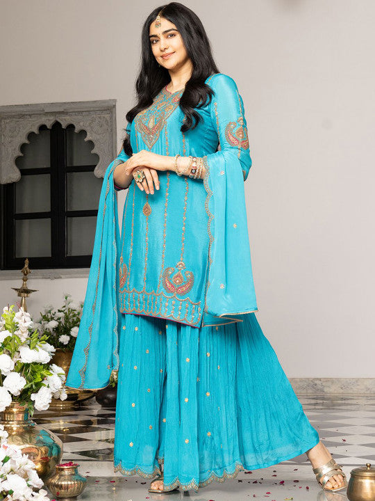 CHHAAP Women Ethnic Motifs Embroidered Regular Sequinned Kurta with Palazzos & Dupatta