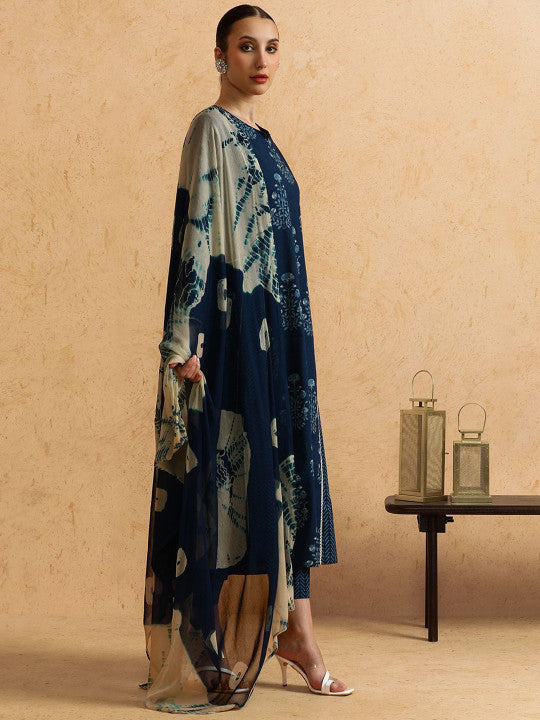 STYLEBAAZI Floral Printed Panelled Pure Cotton A-Line Kurta With Trousers And Dupatta