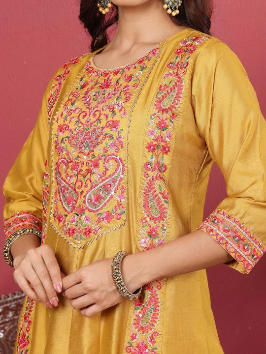 Varanga Floral Embroidered Pure Cotton Anarkali Kurta With Trouser & Dupatta