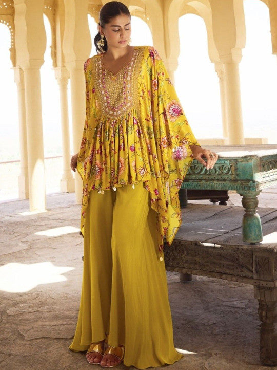 AUTUMN LANE Floral Printed Sequinned Pure Cotton Kaftan Kurta With Palazzo