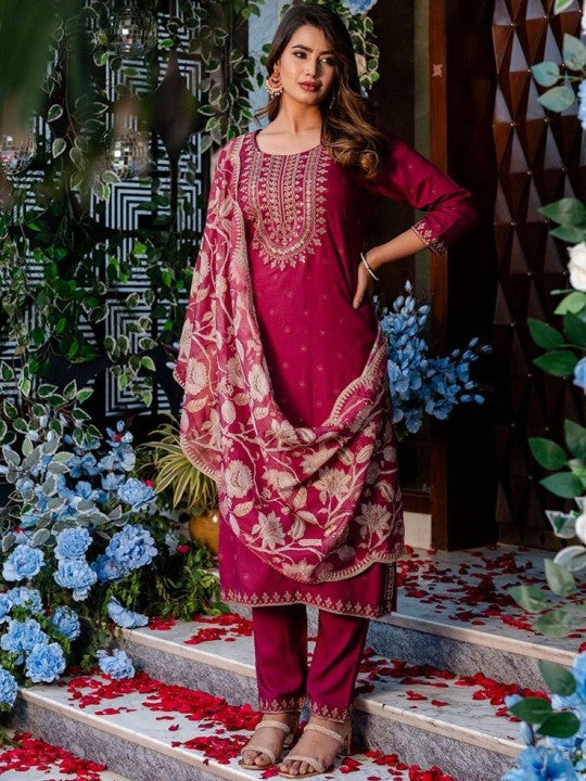 AUTUMN LANE Ethnic Motifs Embroidered Sequinned Pure Cotton Kurta with Trousers & Dupatta
