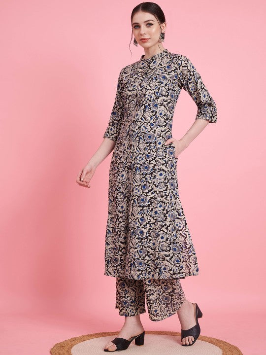 Vbuyz Floral Printed Mandarin Collar Kalamkari Straight Top With Palazzos