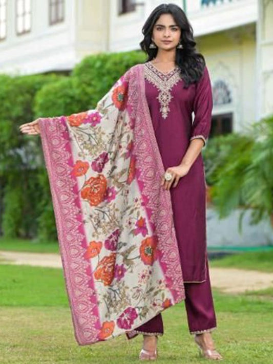 Aralia Floral Embroidered Mirror Work V-Neck Kurta With Trousers & Dupatta