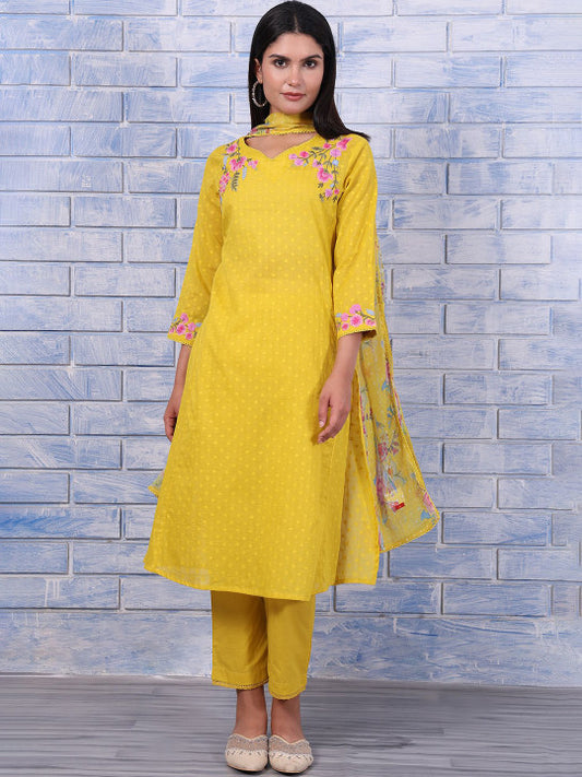 W Women Floral Embroidered Cotton Kurta with Trousers & Dupatta