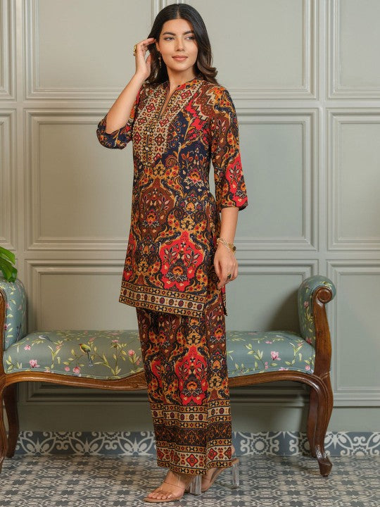 AUTUMN LANE Tashvika Lava Printed Mandarin Collar Pure Cotton Tunic With Palazzo Co-Ords
