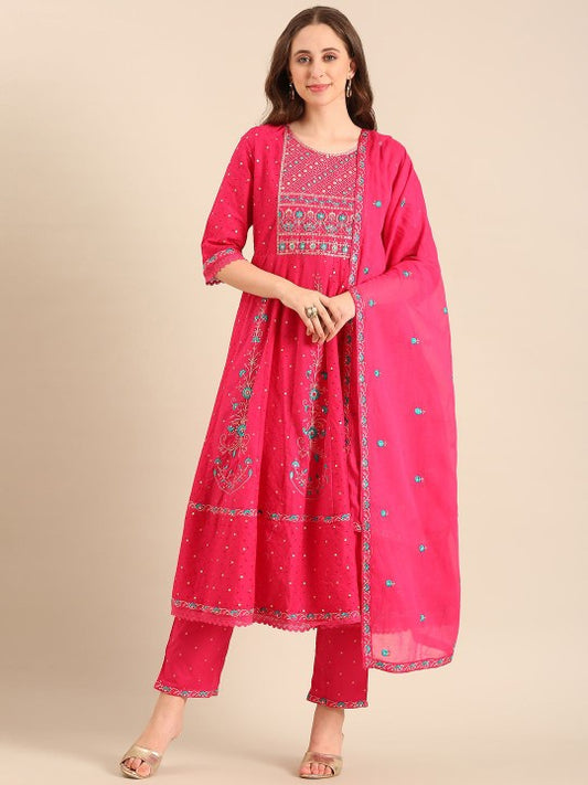 Anouk Women Floral Embroidered Regular Pure Cotton Kurta with Trousers & With Dupatta