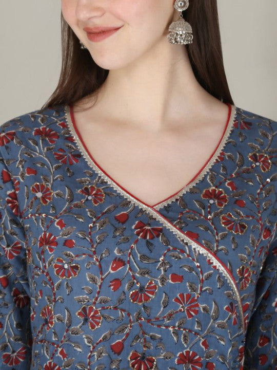 Floral Printed V-Neck Cotton Fit and Flare Maxi Ethnic Dress