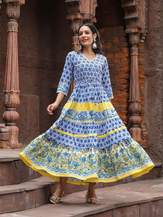 Floral Printed V-Neck Three-Quarter Sleeves Pure Cotton Ethnic Dress