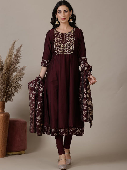 AURELIA Floral Embroidered Thread Work Round Neck Anarkali Kurta With Leggings and Dupatta