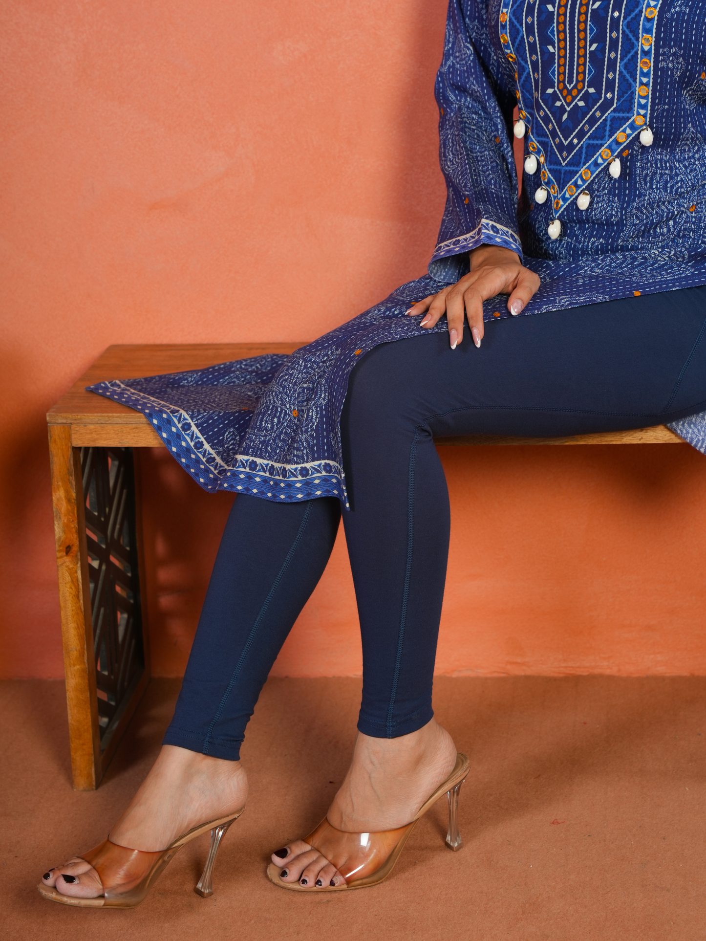 Cotton Knit Solid Blue Tummy Tucker Leggings
