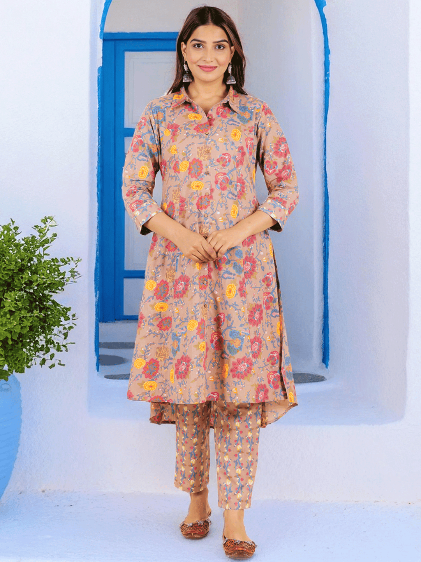 Embroidered Soft Cotton Floral High Low Brown Kurta