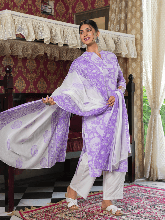 Soft Cotton Paisley Straight Purple Kurta