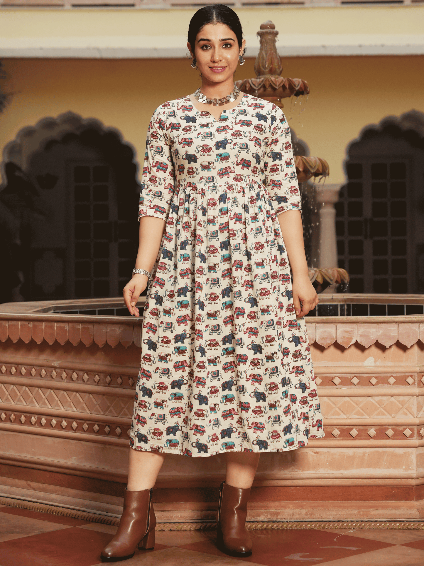 Soft Cotton Animal Anarkali White Dress