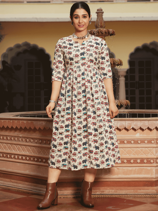 Soft Cotton Animal Anarkali White Dress