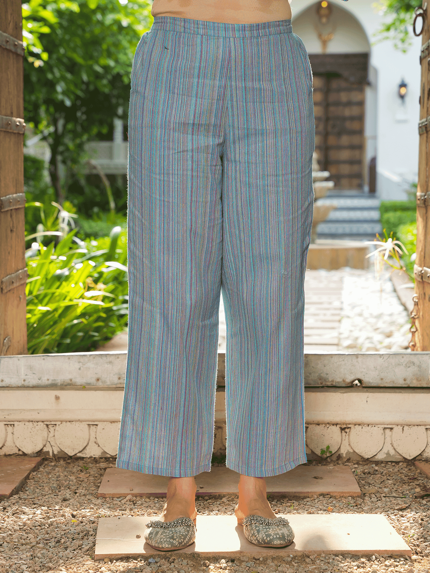 Blend Cotton Striped Multicolor Straight Trousers