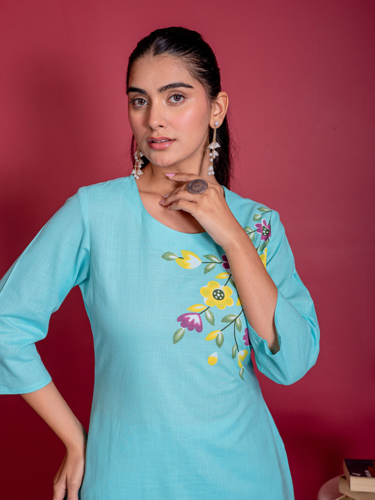 Slub Cotton Floral Straight Sky Blue Kurta