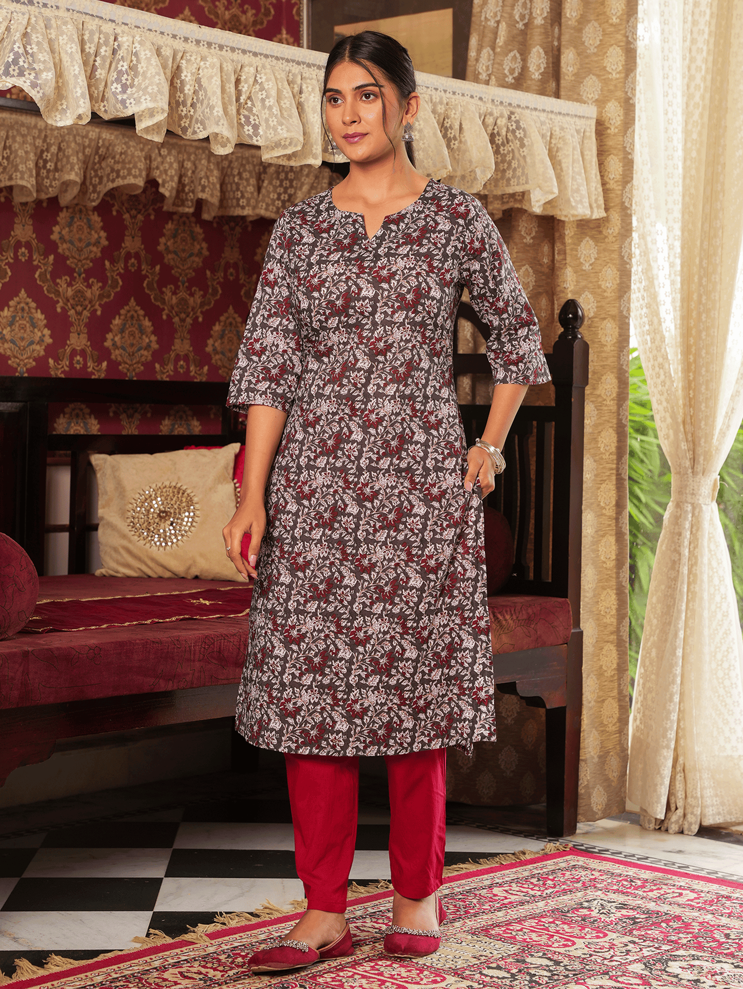 Soft Cotton Floral Straight Grey Kurta