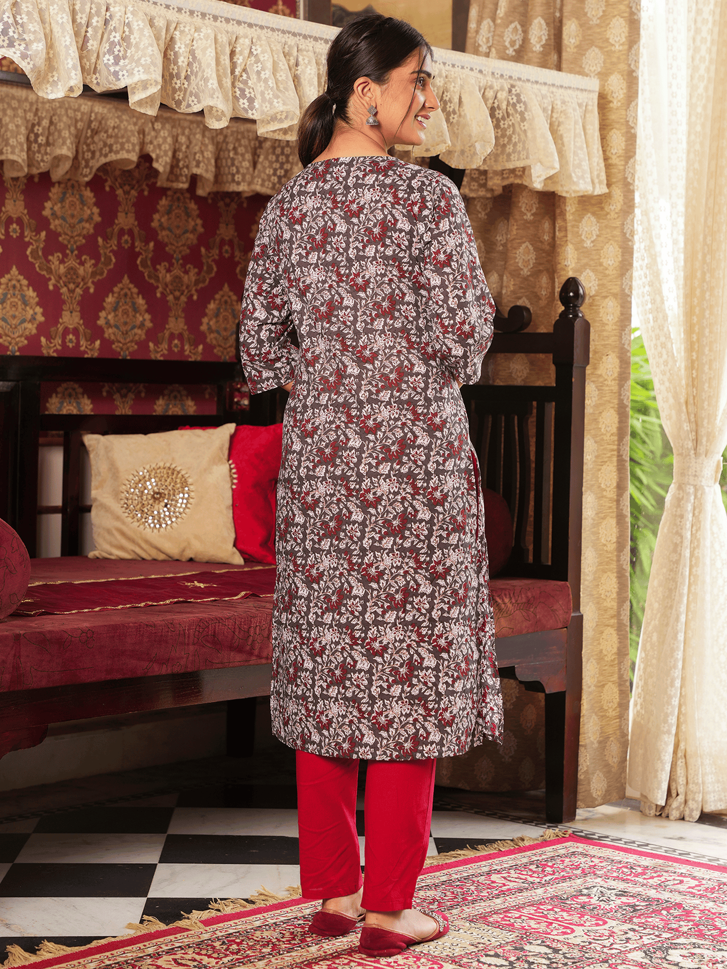 Soft Cotton Floral Straight Grey Kurta