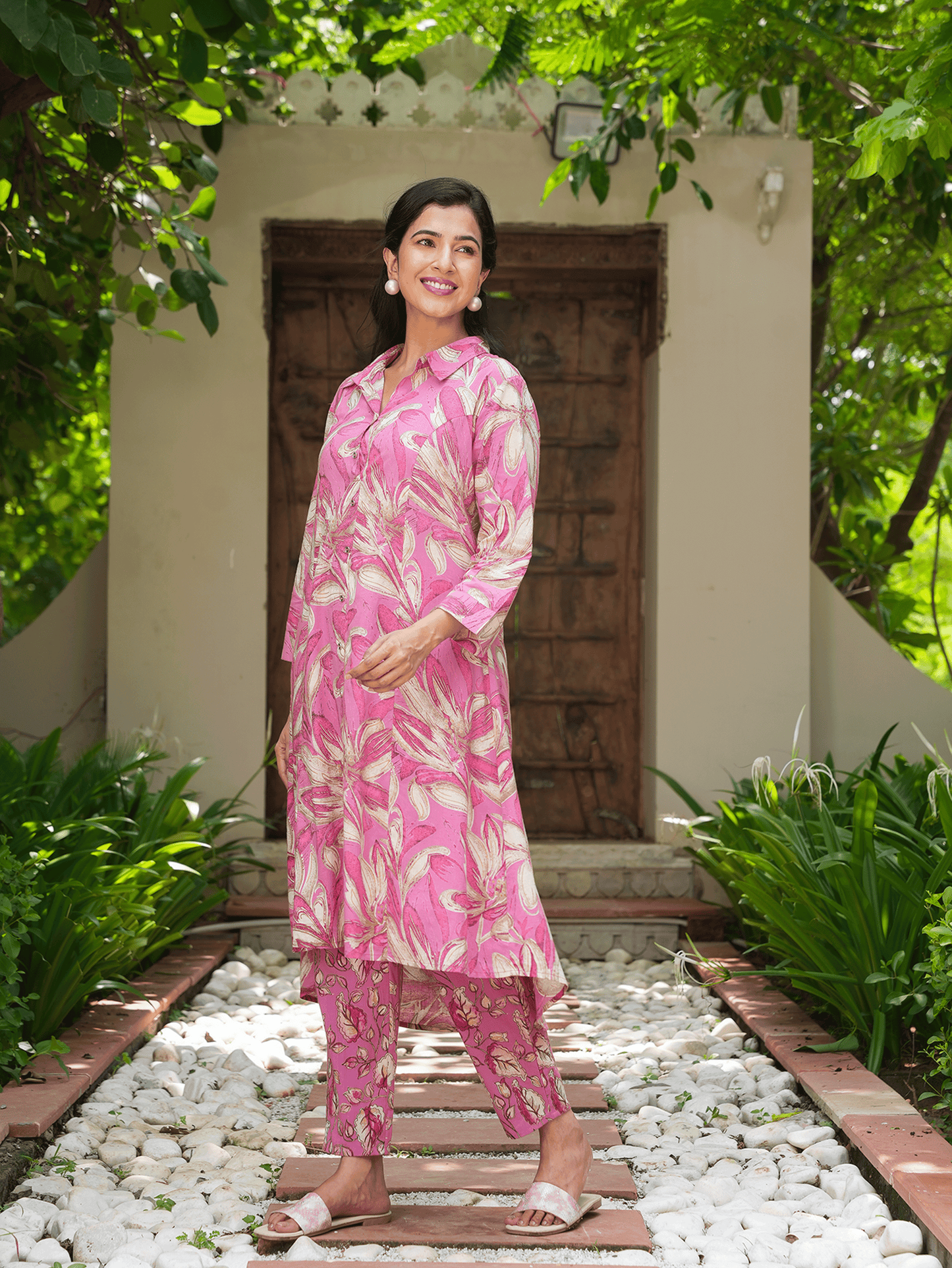 Soft Cotton Floral High Low Pink Kurta