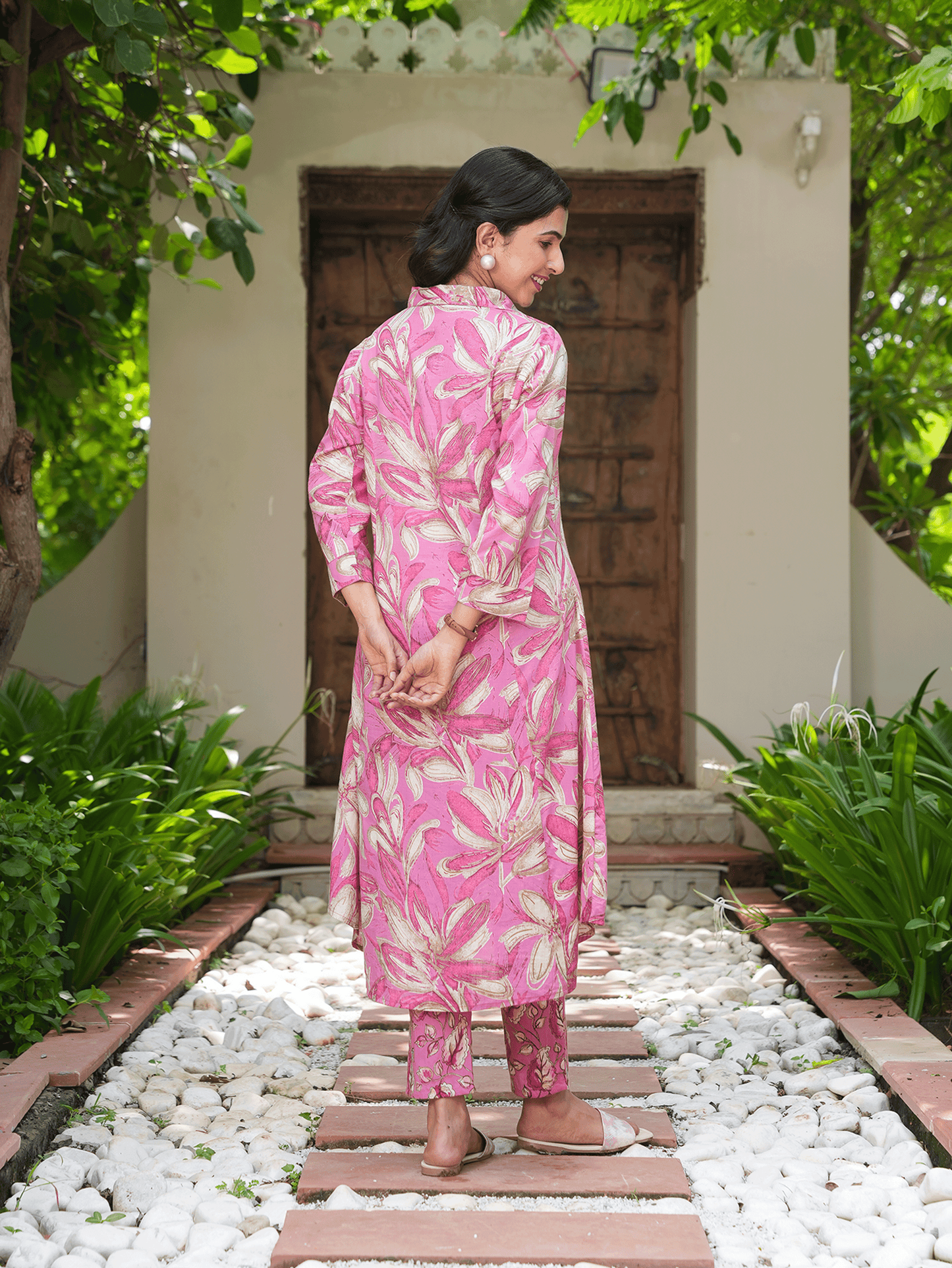 Soft Cotton Floral High Low Pink Kurta