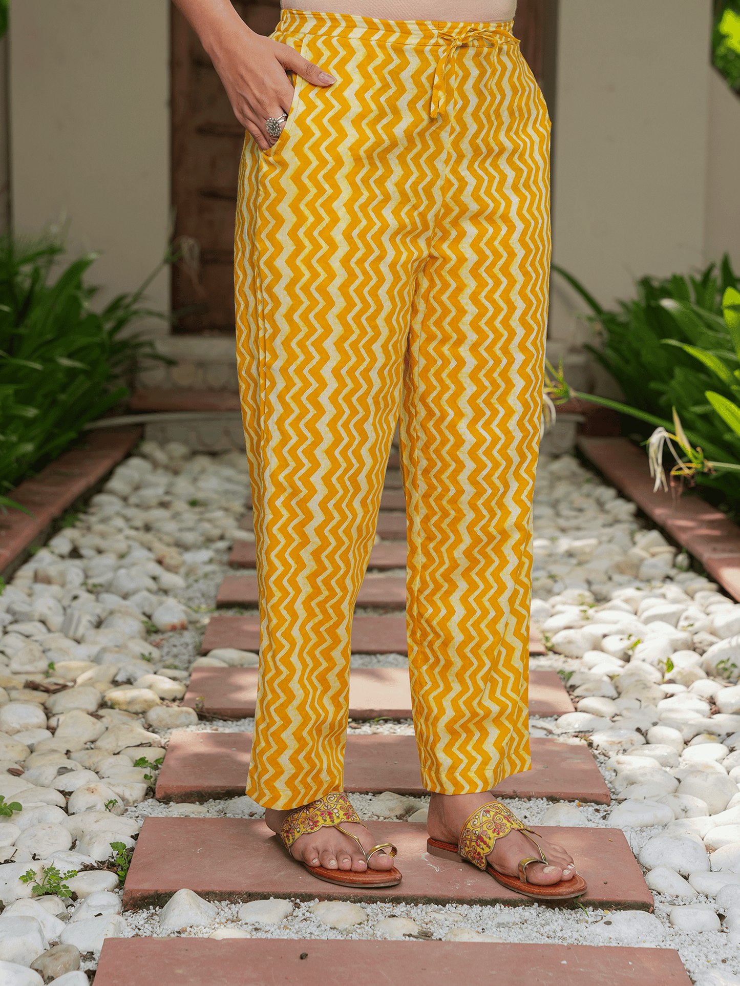Soft Cotton Chevron Yellow Straight Trousers