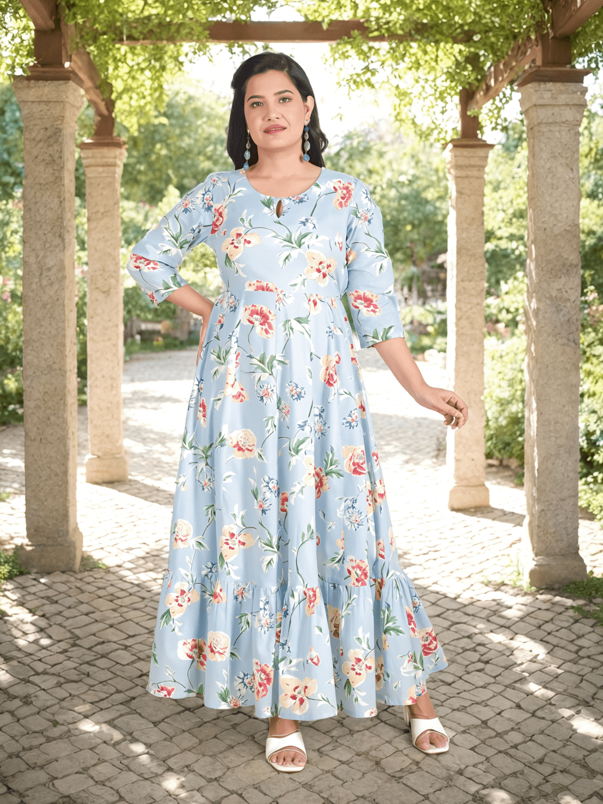 Soft Cotton Floral Anarkali Blue Dress