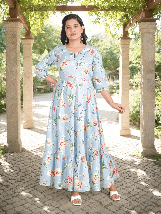 Soft Cotton Floral Anarkali Blue Dress