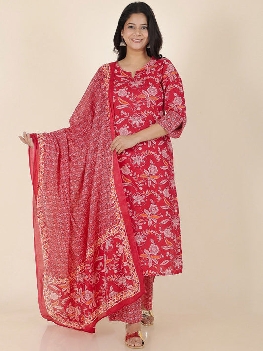 Aramya Women Floral Printed Regular Patchwork Pure Cotton Kurta with Trousers & With Dupatta