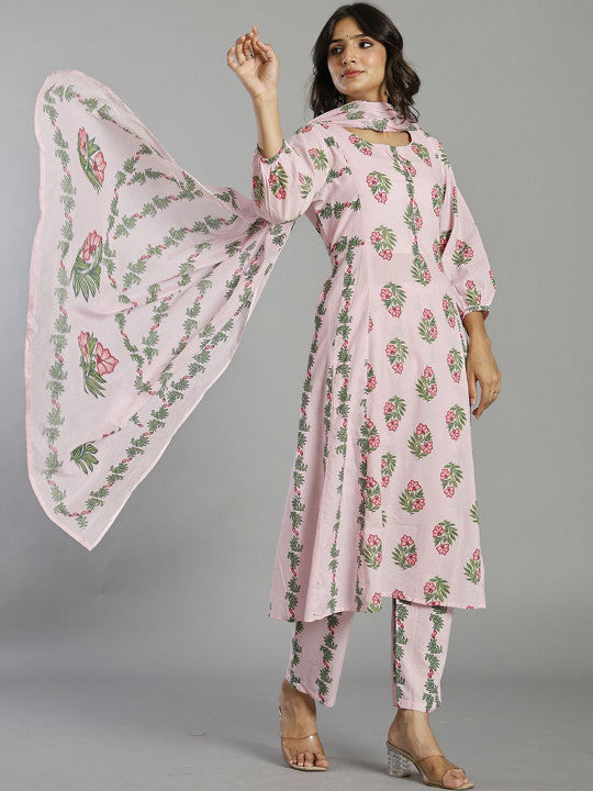 Yufta Women Floral Printed Regular Pure Cotton Kurta with Trousers & With Dupatta