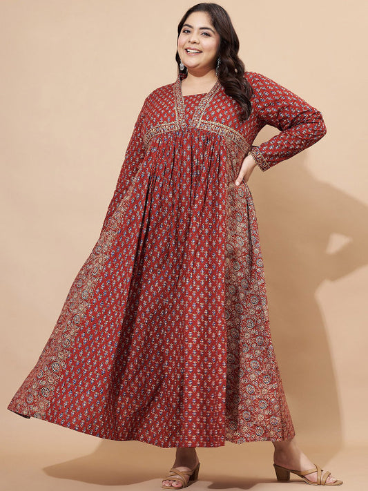Vbuyz Plus Floral Printed Square Neck Cotton Maxi Ethinic Dress