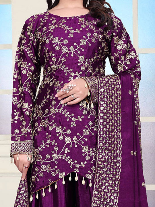 TEEYA CREATION Women Ethnic Motifs Embroidered Thread Work Kurta with Sharara & Dupatta